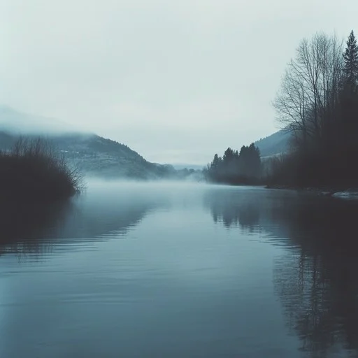 A misty river at dawn with soft golden light filtering through the trees
